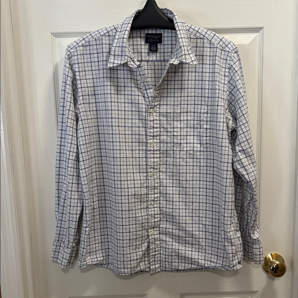American Eagle Outfitters Blue/White Plaid Shirt- Large